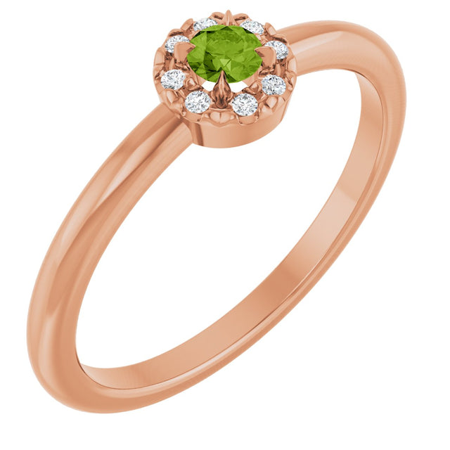 14K Gold Emerald Natural Peridot Halo-Style Ring - Rose Gold