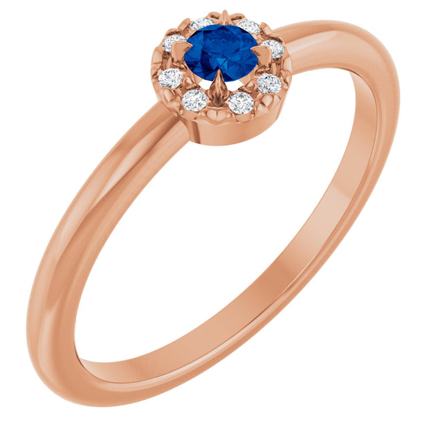 14K Gold Emerald Lab-Grown Blue Sapphire Halo-Style Ring - Rose Gold