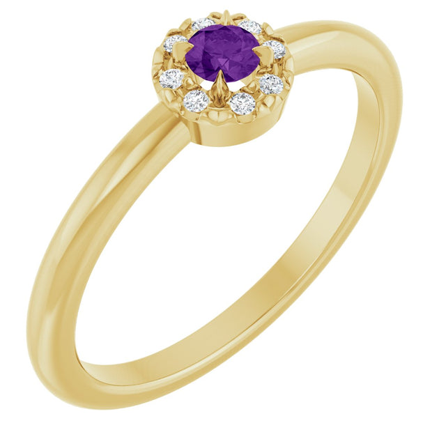 14K Gold Emerald Natural Amethyst Halo-Style Ring - Yellow Gold