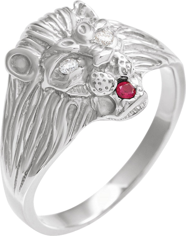 14K Gold Round Natural Diamond Lion Head Ring - White Gold