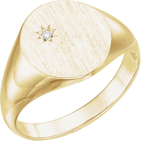 14K Gold Round Natural Diamond Oval Signet Ring – 1.5mm Stones - Yellow Gold