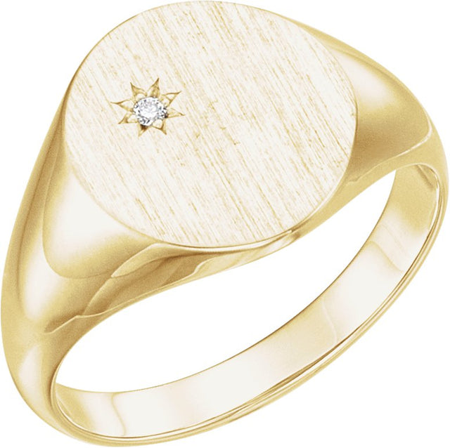 14K Gold Round Natural Diamond Oval Signet Ring – 1.5mm Stones - Yellow Gold