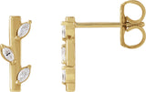 14K Gold Marquise Natural Diamond Floral Bar Earrings - Yellow Gold