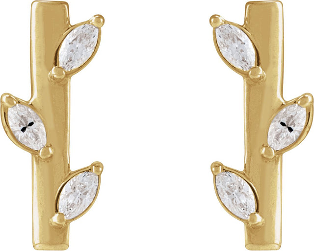 14K Gold Marquise Natural Diamond Floral Bar Earrings - Yellow Gold - view 2
