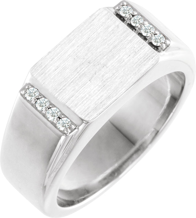 10K Gold Round Natural Diamond Rectangle Signet Ring - White Gold