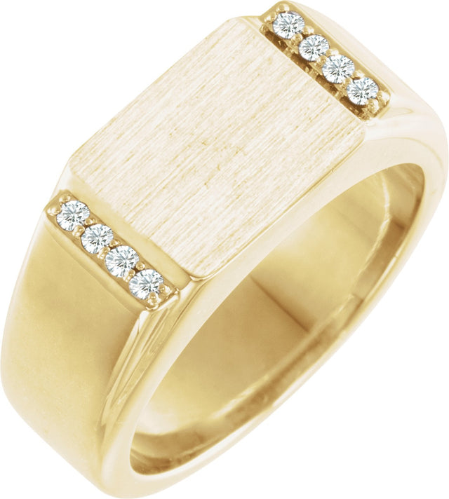 14K Gold Round Natural Diamond Rectangle Signet Ring – 1.5mm Stones - Yellow Gold