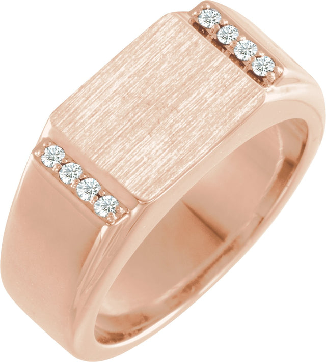 10K Gold Round Natural Diamond Rectangle Signet Ring - Rose Gold