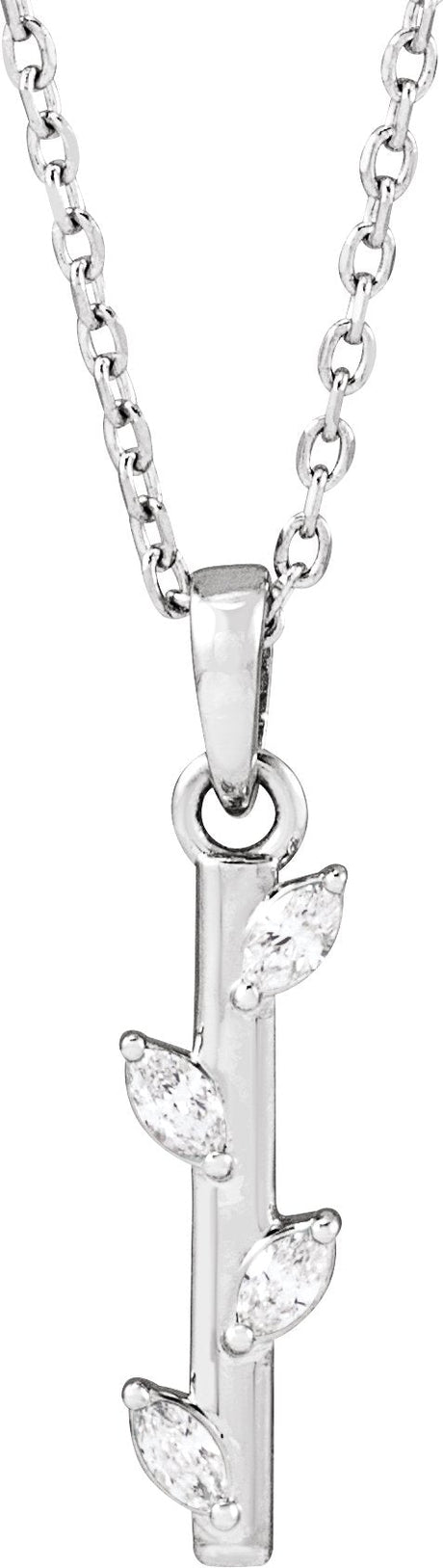 14K Gold Marquise Natural Diamond Floral Bar Necklace or Pendant - White Gold