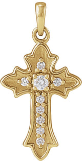 14K Gold Round Natural Diamond Vintage-Inspired Cross Necklace or Pendant – 0.08 CTW - Yellow Gold