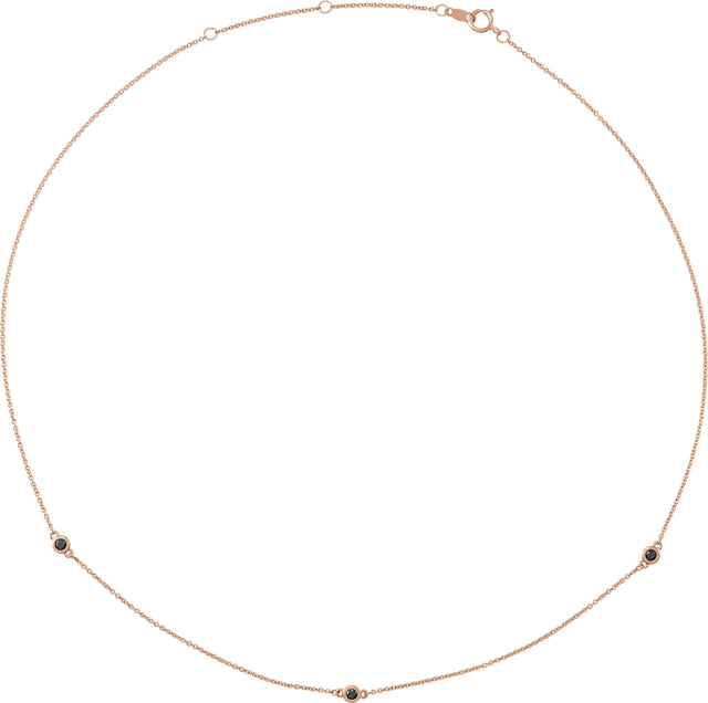 14K Gold Round Natural Black Diamond Bezel-Set Station Necklace - Rose Gold