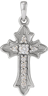14K Gold Round Natural Diamond Vintage-Inspired Cross Necklace or Pendant – 0.08 CTW - White Gold
