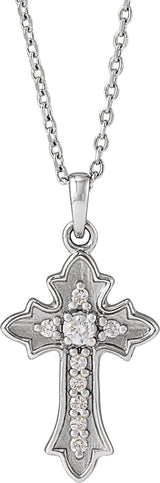 14K Gold Round Natural Diamond Vintage-Inspired Cross Necklace or Pendant – 0.08 CTW - White Gold