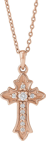 14K Gold Round Natural Diamond Vintage-Inspired Cross Necklace or Pendant – 0.08 CTW - Rose Gold