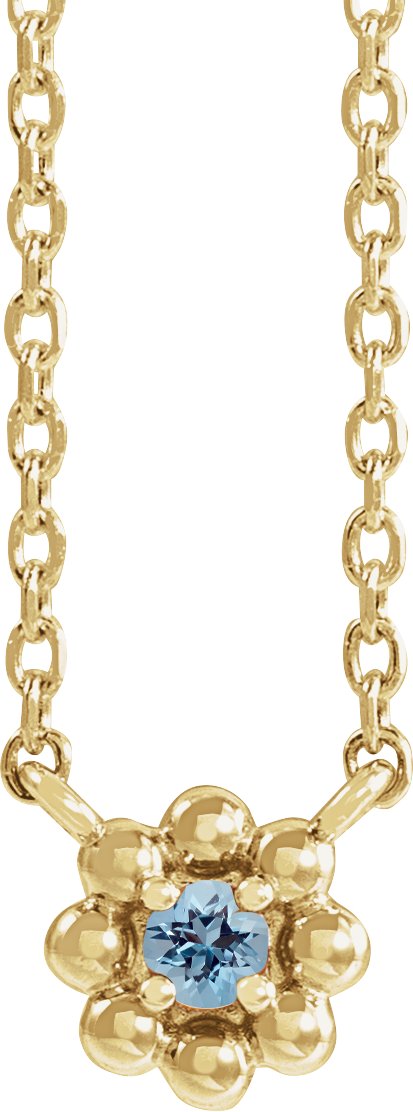 14K Gold Round Natural Aquamarine Accented Beaded Necklace - Yellow Gold