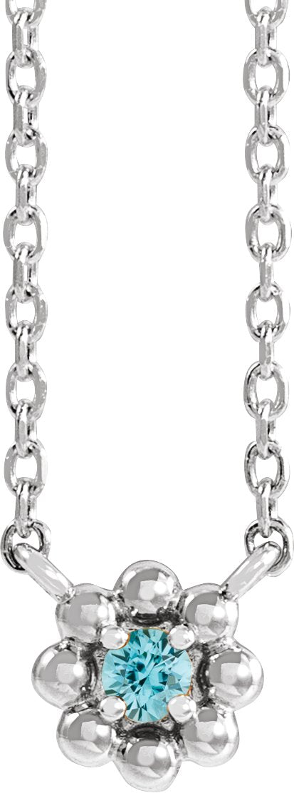 14K Gold Round Natural Blue Zircon Accented Beaded Necklace - White Gold