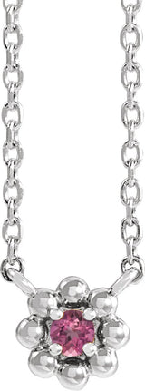 14K Gold Round Natural Pink Tourmaline Accented Beaded Necklace - White Gold