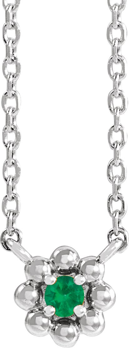 Platinum Round Lab-Grown Emerald Accented Beaded Necklace