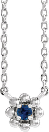 Platinum Round Lab-Grown Blue Sapphire Accented Beaded Necklace