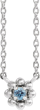 14K Gold Round Natural Aquamarine Accented Beaded Necklace - White Gold