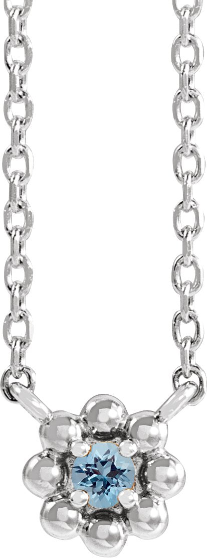 14K Gold Round Natural Aquamarine Accented Beaded Necklace - White Gold