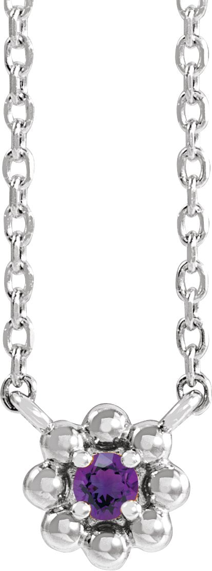 14K Gold Round Natural Amethyst Accented Beaded Necklace - White Gold