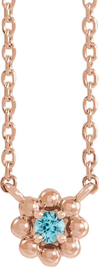 14K Gold Round Natural Blue Zircon Accented Beaded Necklace - Rose Gold