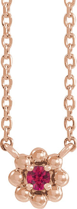 14K Gold Round Natural Ruby Accented Beaded Necklace - Rose Gold