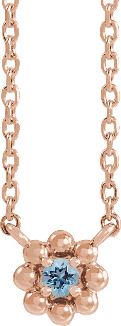 14K Gold Round Natural Aquamarine Accented Beaded Necklace - Rose Gold