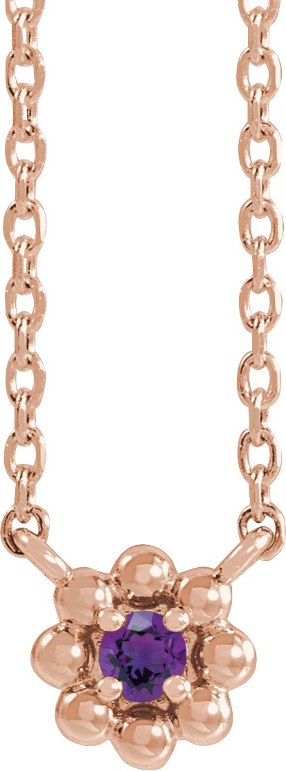14K Gold Round Natural Amethyst Accented Beaded Necklace - Rose Gold