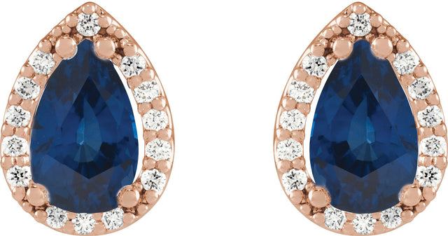 14K Gold Lab-Grown Blue Sapphire Pear 4-Prong Halo-Style Low Stud Earring - Rose Gold - view 4