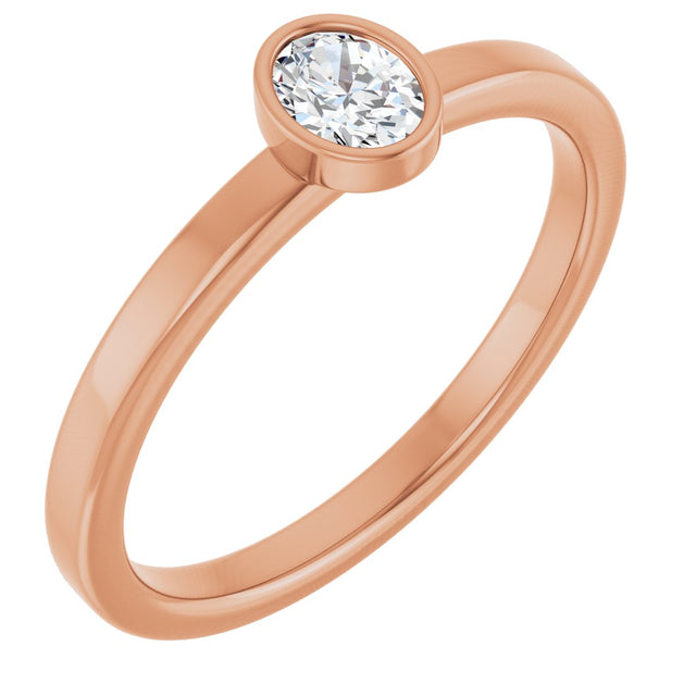 14K Gold Oval Natural Diamond Solitaire Ring - Rose Gold