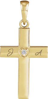 14K Gold Round Natural Diamond Engravable Cross Necklace or Pendant - Yellow Gold - view 3