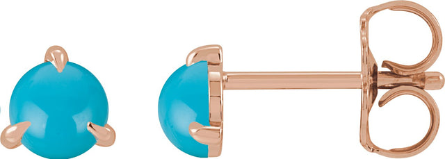 14K Gold Natural Turquoise Round 3-Prong Claw Rose-Cut Stud Earrings - Rose Gold