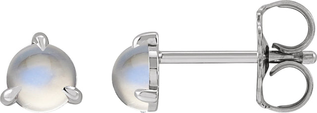 14K Gold Natural Rainbow Moonstone Round 3-Prong Claw Rose-Cut Stud Earrings - White Gold