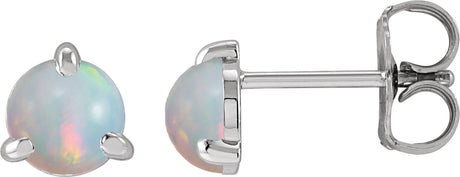 14K Gold Natural White Opal Round 3-Prong Claw Rose-Cut Stud Earrings - White Gold