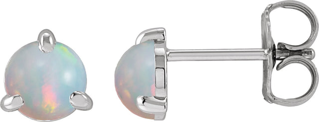 14K Gold Natural White Opal Round 3-Prong Claw Rose-Cut Stud Earrings - White Gold
