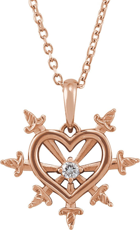 14K Gold Round Natural Diamond Heart & Daggers Necklace or Pendant - Rose Gold