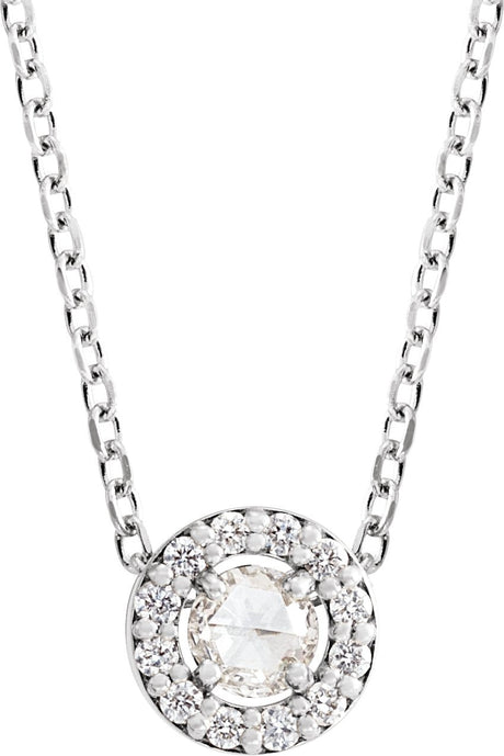14K Gold Round Natural Diamond Halo-Style Rose-Cut Necklace or Pendant - White Gold