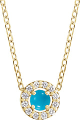 14K Gold Round Natural Turquoise Halo-Style Rose-Cut Necklace or Pendant - Yellow Gold
