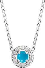 14K Gold Round Natural Turquoise Halo-Style Rose-Cut Necklace or Pendant - White Gold
