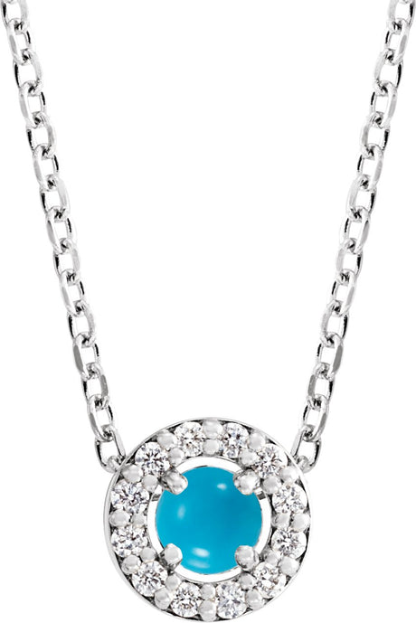 14K Gold Round Natural Turquoise Halo-Style Rose-Cut Necklace or Pendant - White Gold