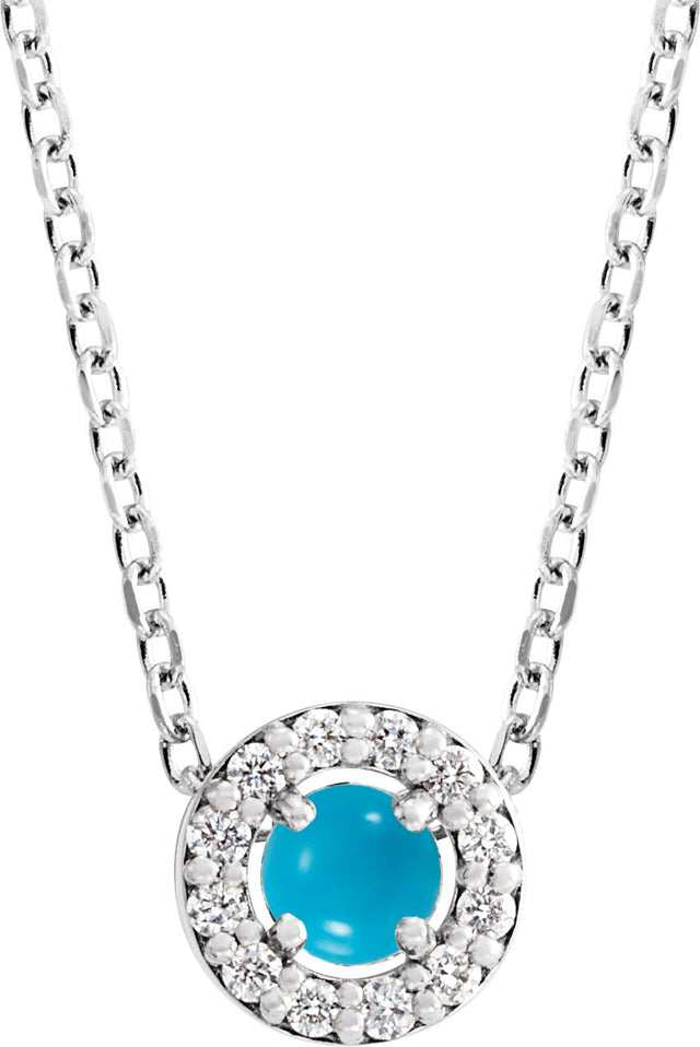 Platinum Round Natural Turquoise Halo-Style Rose-Cut Necklace or Pendant