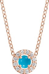 14K Gold Round Natural Turquoise Halo-Style Rose-Cut Necklace or Pendant - Rose Gold