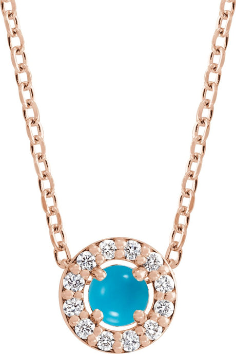 14K Gold Round Natural Turquoise Halo-Style Rose-Cut Necklace or Pendant - Rose Gold