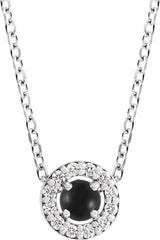 14K Gold Round Natural Black Onyx Halo-Style Rose-Cut Necklace or Pendant - White Gold