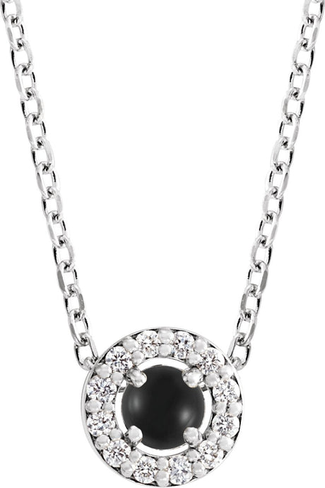14K Gold Round Natural Black Onyx Halo-Style Rose-Cut Necklace or Pendant - White Gold
