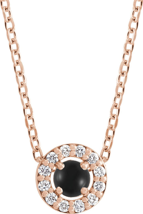 14K Gold Round Natural Black Onyx Halo-Style Rose-Cut Necklace or Pendant - Rose Gold