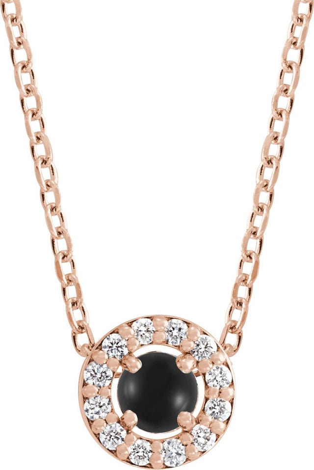 14K Gold Round Natural Black Onyx Halo-Style Rose-Cut Necklace or Pendant - Rose Gold