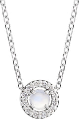 14K Gold Round Natural Rainbow Moonstone Halo-Style Rose-Cut Necklace or Pendant - White Gold