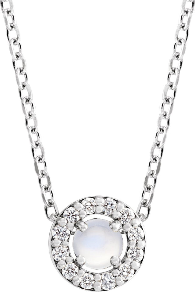 14K Gold Round Natural Rainbow Moonstone Halo-Style Rose-Cut Necklace or Pendant - White Gold